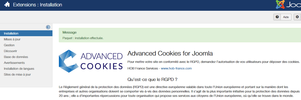 Installer le module Advanced Cookies, gestionnaire de cookies avancés pour sites Joomla