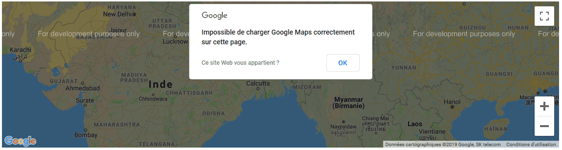 Google Maps message d'erreur : Impossible de charger Google Maps correctement sur cette page.